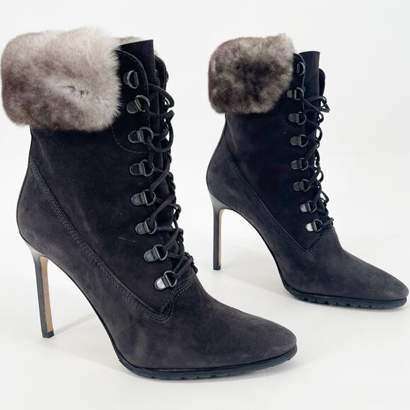 Manolo Blahnik Shoes - Manolo Blahnik Y2K Oklamod Dark Taupe Suede Fur Trim Lace Up Ankle Boots IT 38